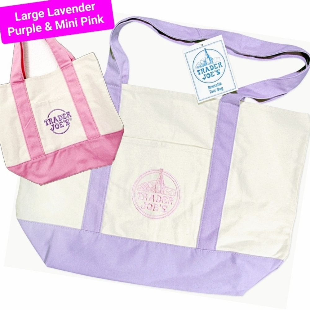 NEW Trader Joes LARGE PURPLE Canvas Tote and 1 MINI pastel pink tote Lot of 2